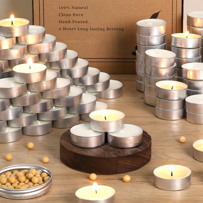 LAMORGIFT Soy Tealight Candles | 100 Pack | 4 Hours - 100% Natural Soy Wax Tea Lights | Paraffin-Free, Unscented Small White Tealights in Bulk, Long Burning for Shabbat, Home, Wedding - Image 1